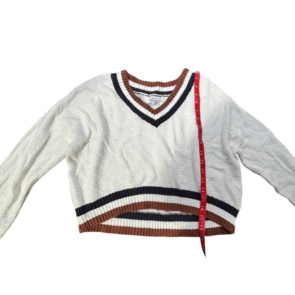 American Eagle White Brown V-Neck Sweater XS - Picture 5 of 7